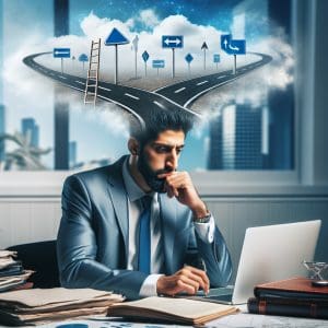 man thinking about his career course