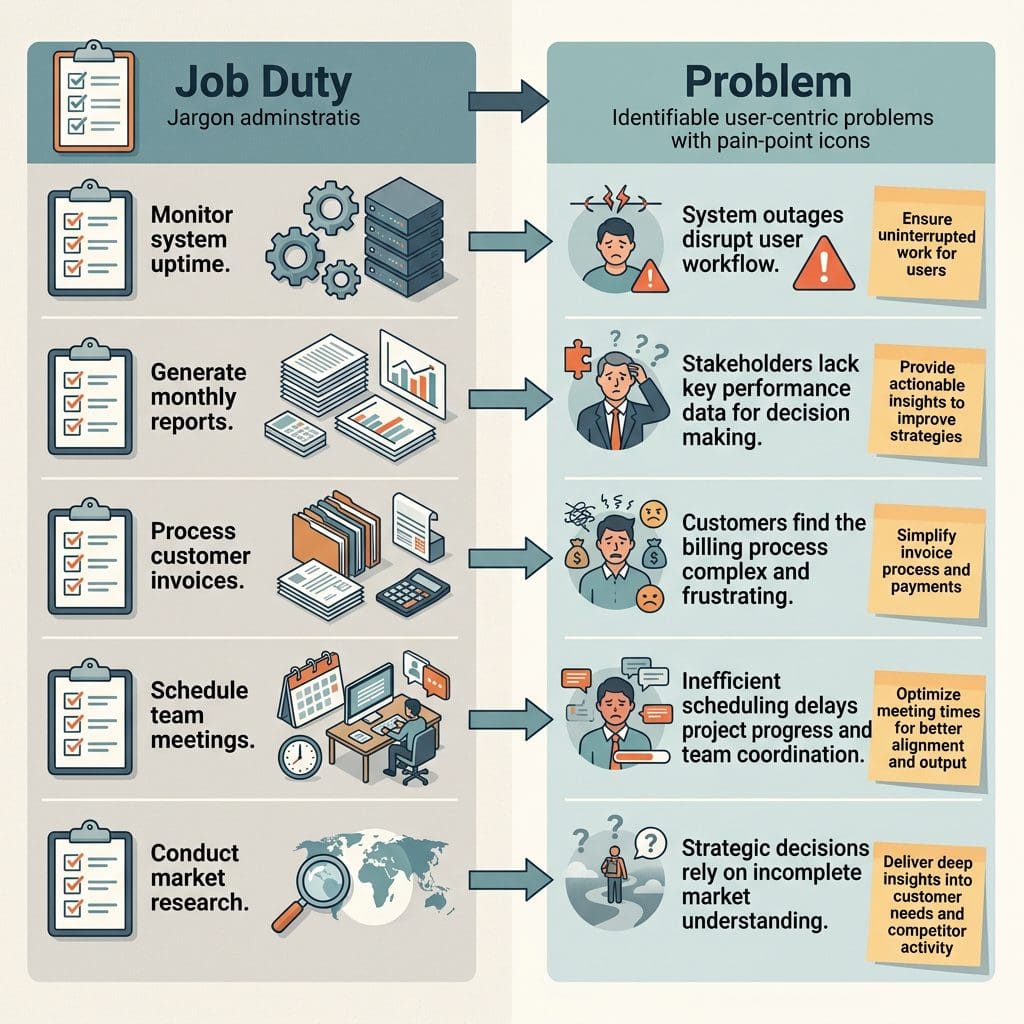 solve the job interview problem by identifying each job duty into a problem that can be solved.