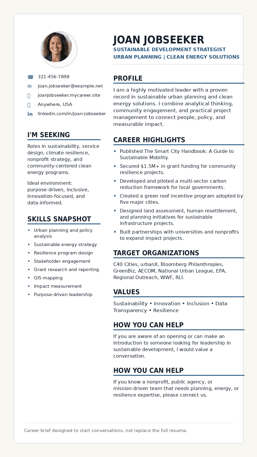 This is an example of a Networking Brief. It is not designed to replace a resume.